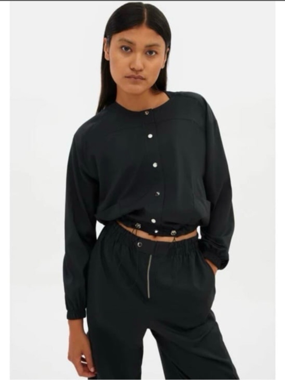 NEW - girlfriend collective - Black Long Sleeve Snap-Front Top w/ Cinched Waist